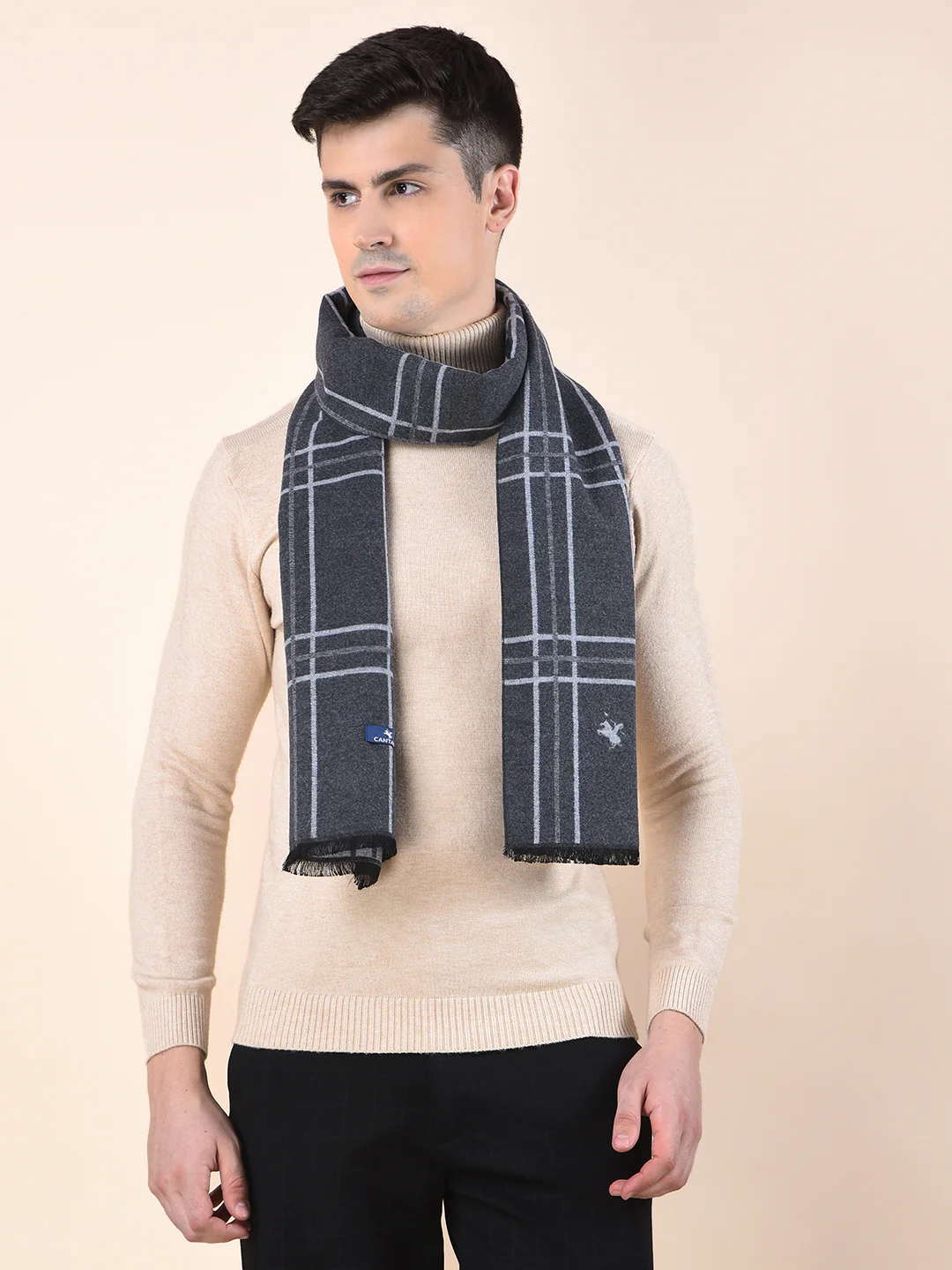 Men Grey Checkered Winter Warm Casual Muffler - Image 3