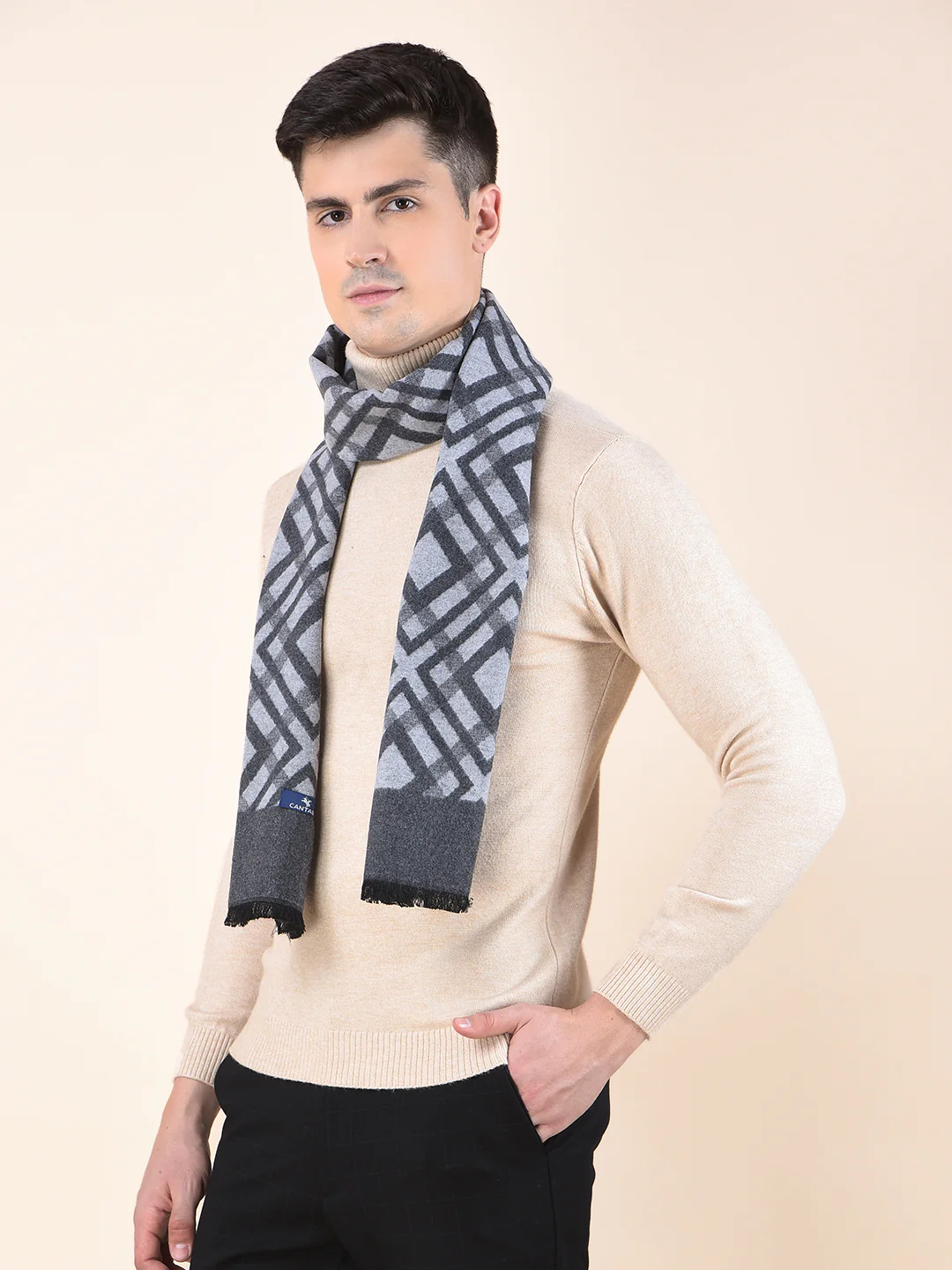 Men Grey Checkered Winter Warm Casual Muffler - Image 2