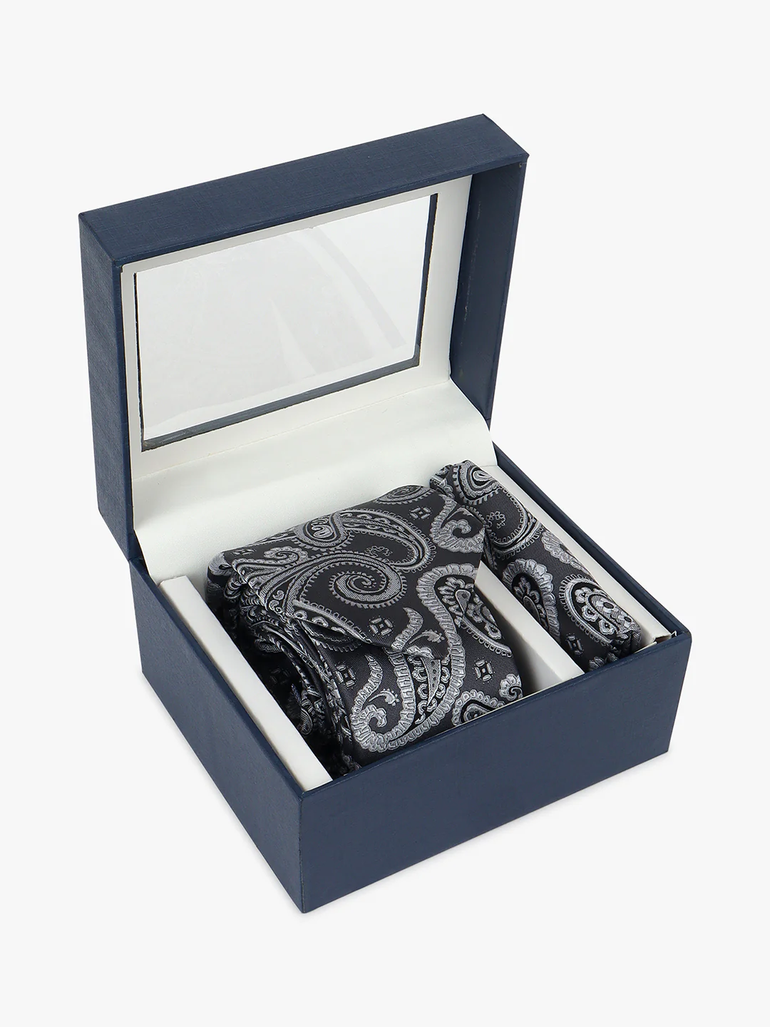 Men Grey Printed Tie With Pocket Square - Image 3
