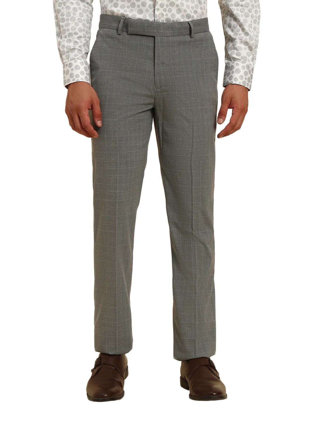 Men Light Gery Checkered Regular Fit Formal Trouser - Image 2