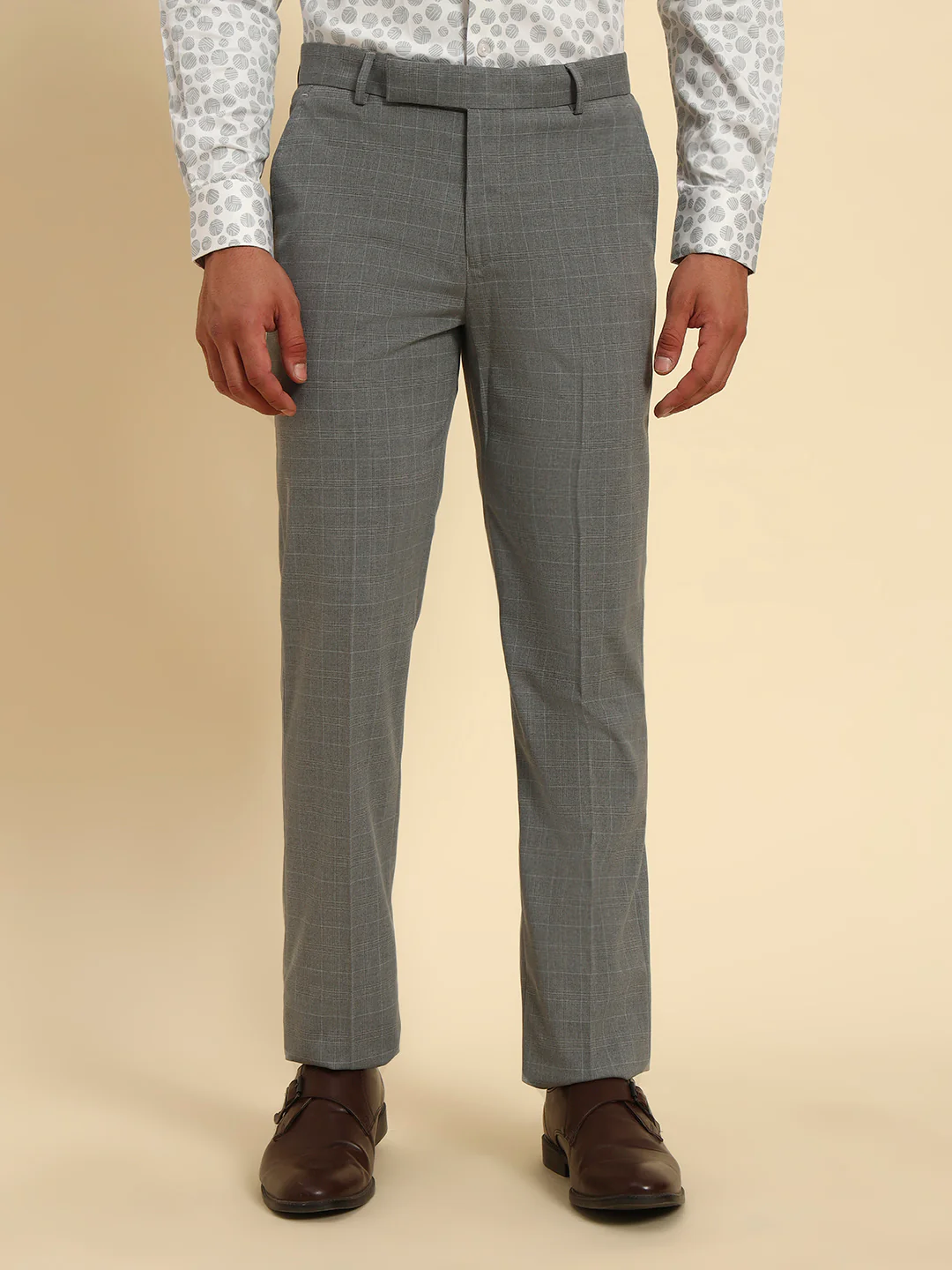 Men Light Gery Checkered Regular Fit Formal Trouser - Image 3