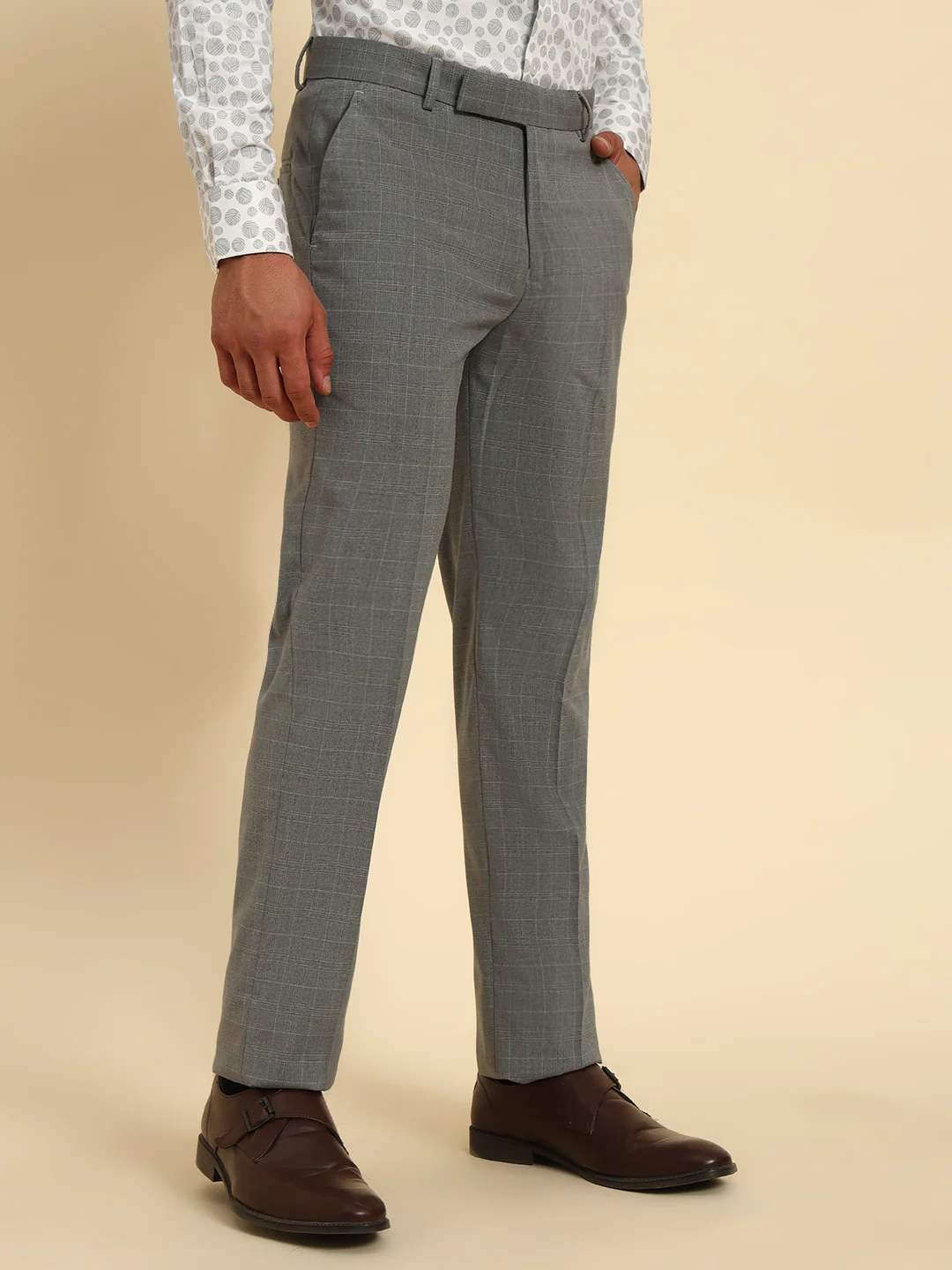 Men Light Gery Checkered Regular Fit Formal Trouser - Image 4