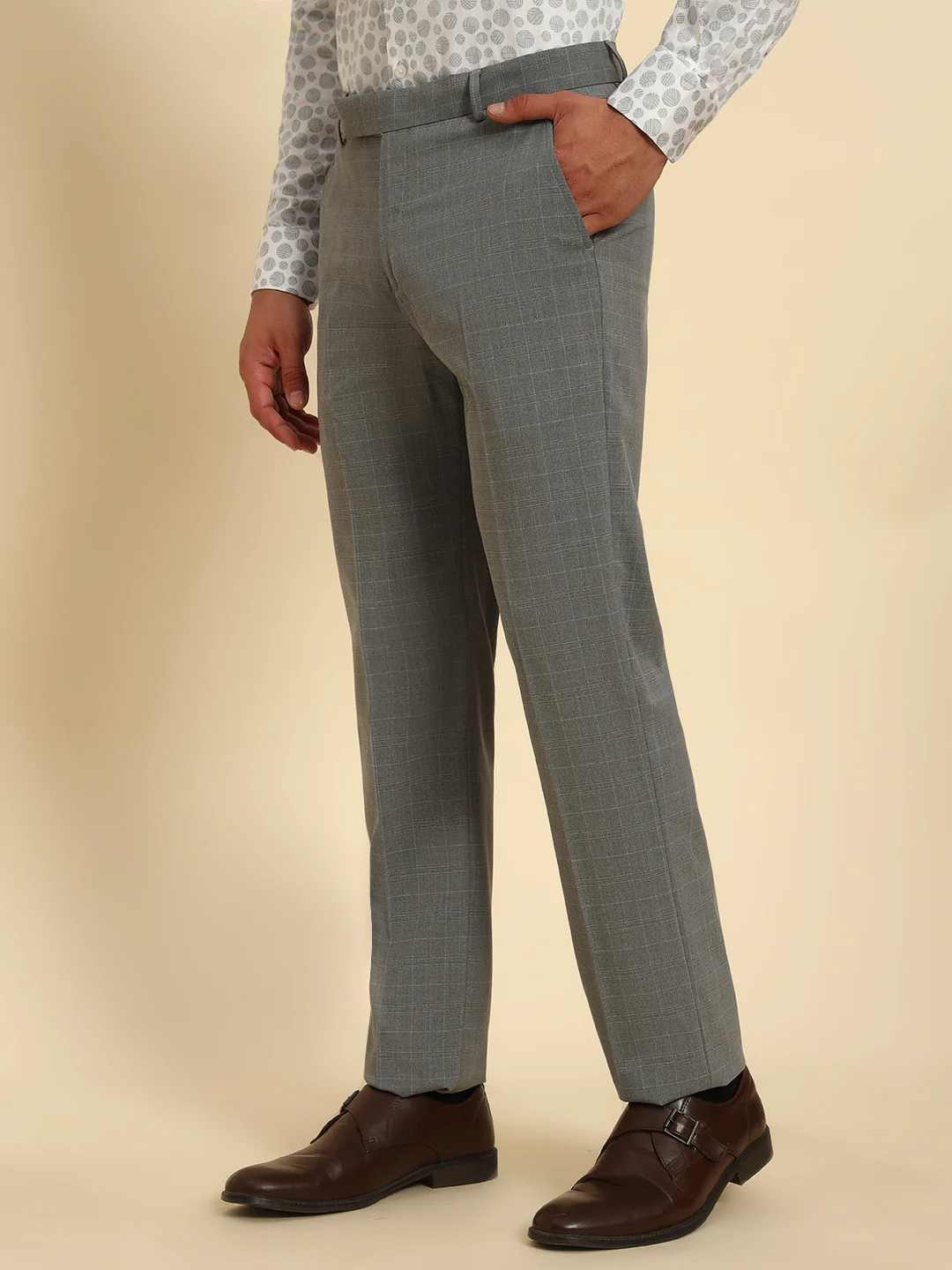 Men Light Gery Checkered Regular Fit Formal Trouser - Image 5