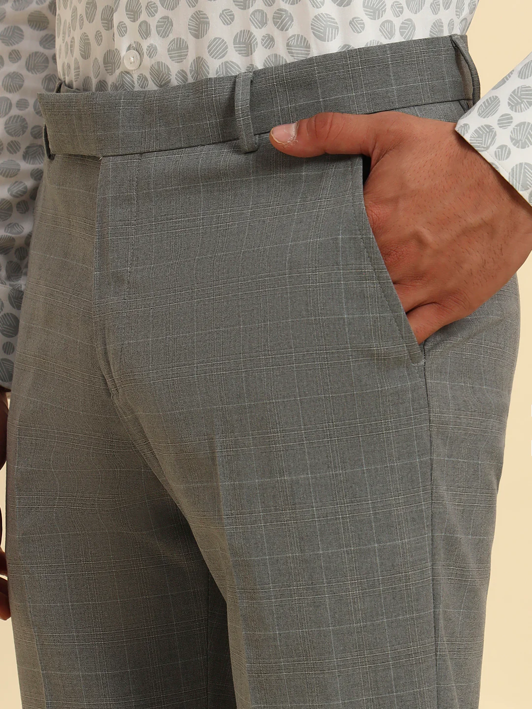 Men Light Gery Checkered Regular Fit Formal Trouser - Image 6