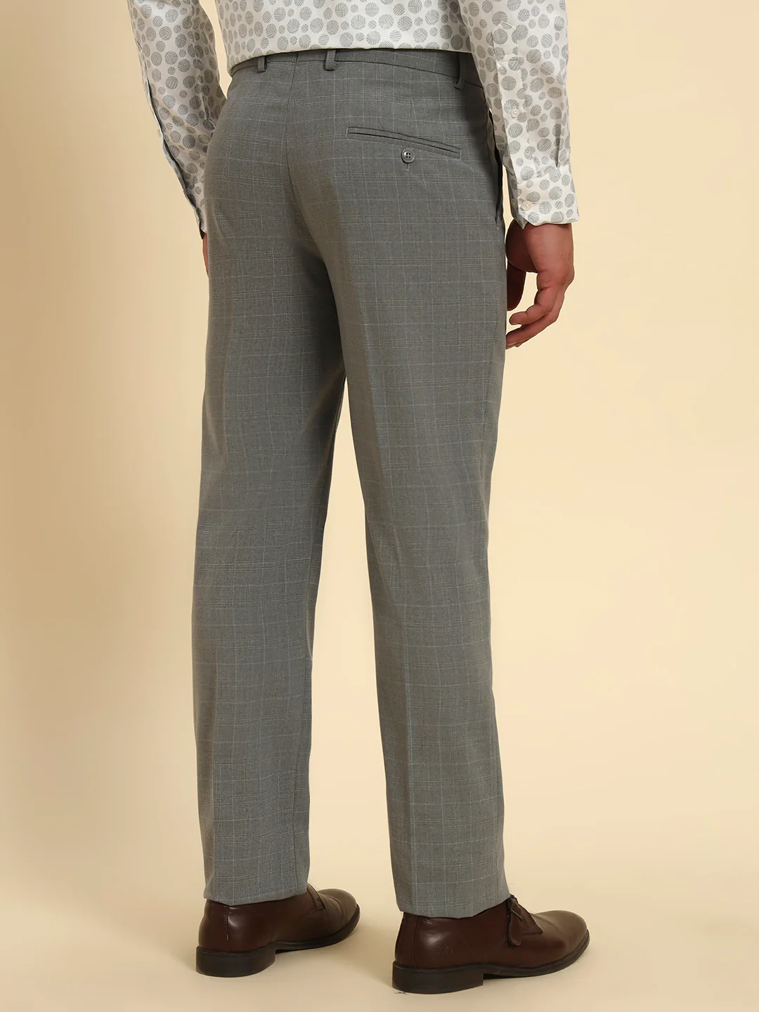 Men Light Gery Checkered Regular Fit Formal Trouser - Image 7
