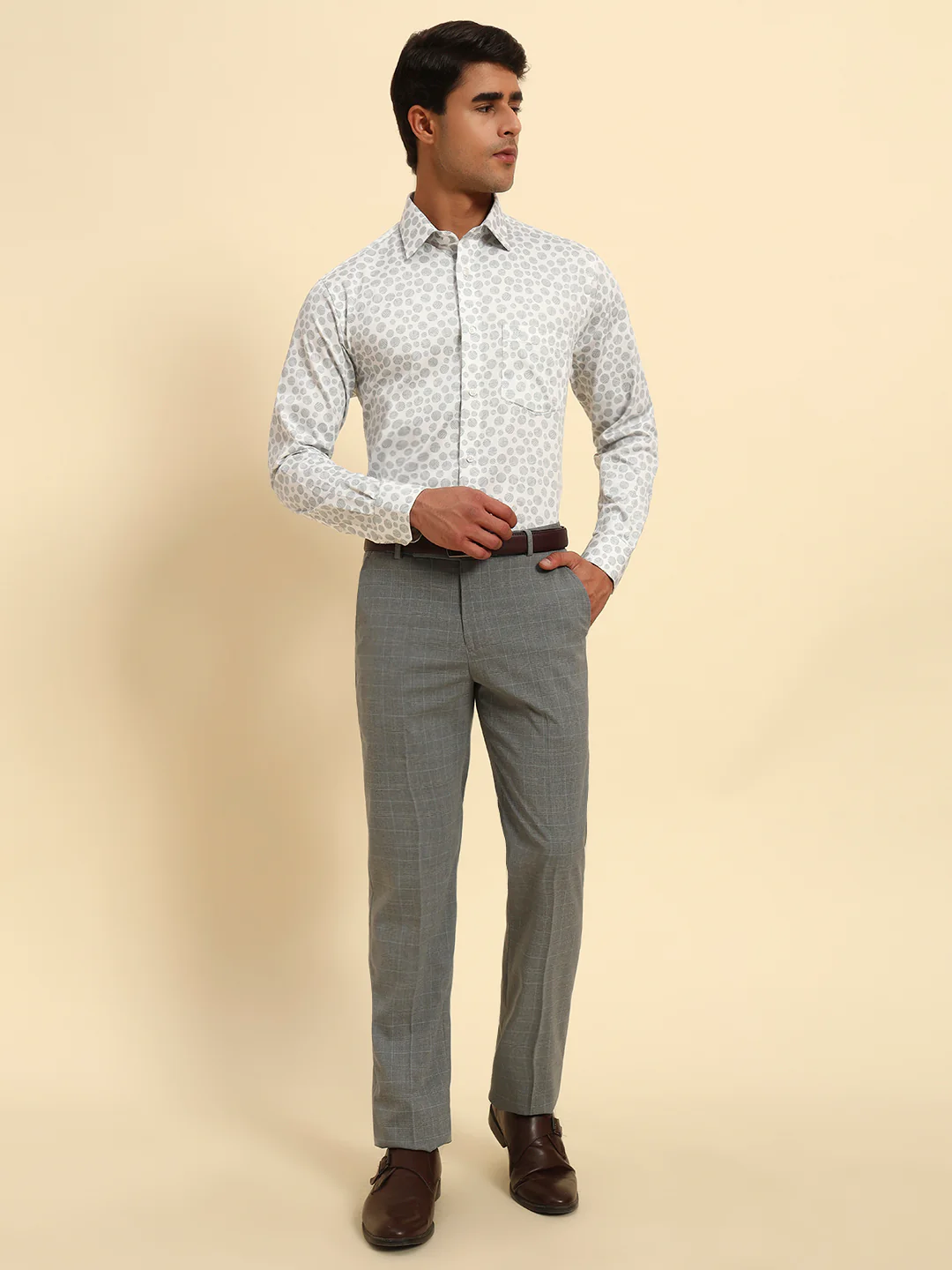 Men Light Gery Checkered Regular Fit Formal Trouser - Image 8