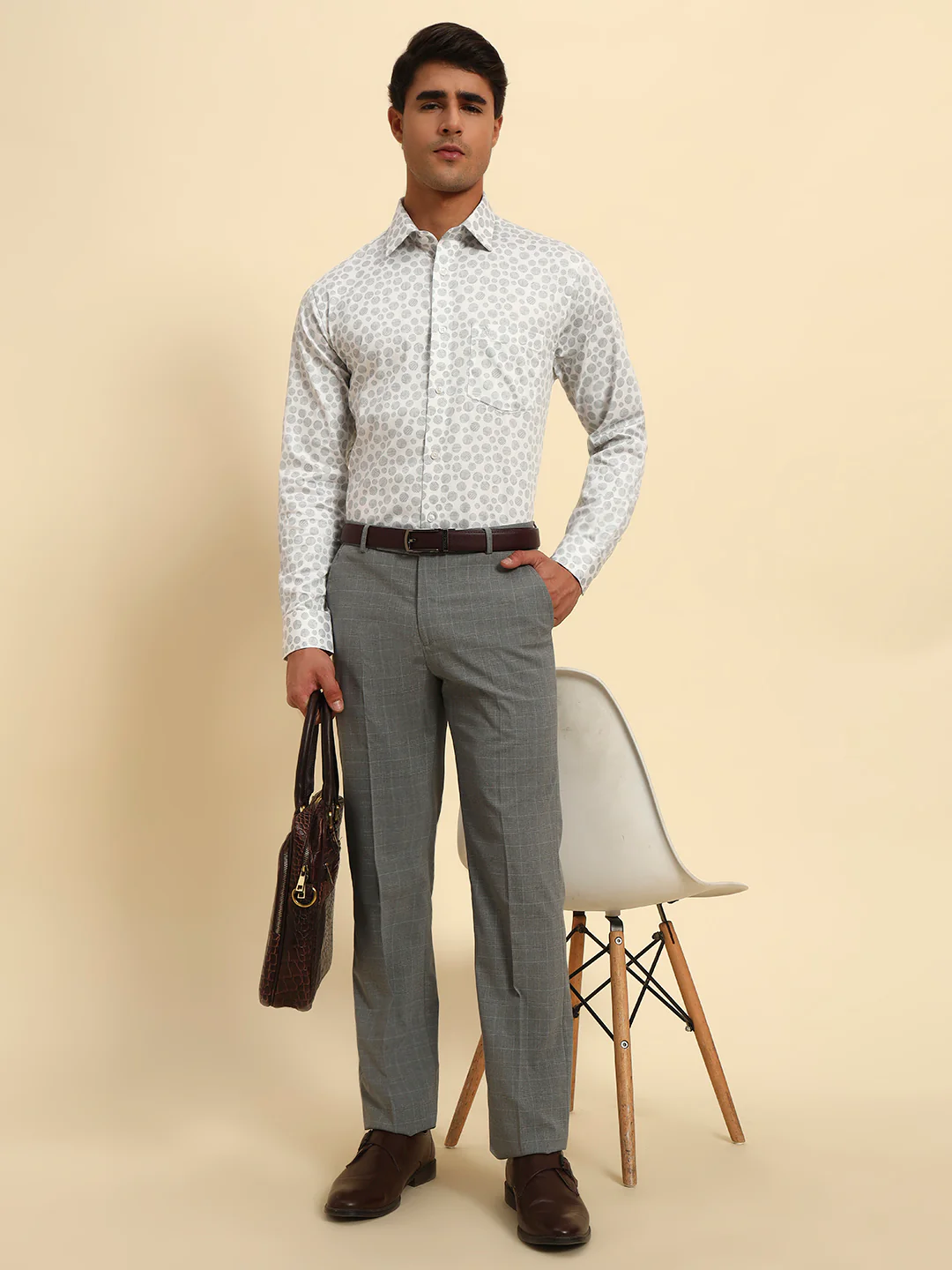 Men Light Gery Checkered Regular Fit Formal Trouser - Image 9