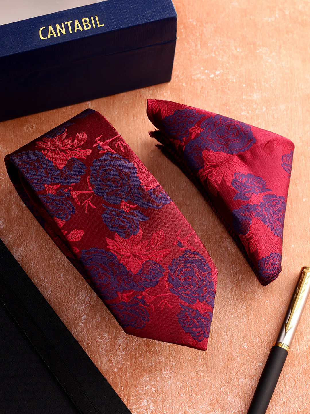 Men Maroon Printed Tie With Pocket Square - Image 2