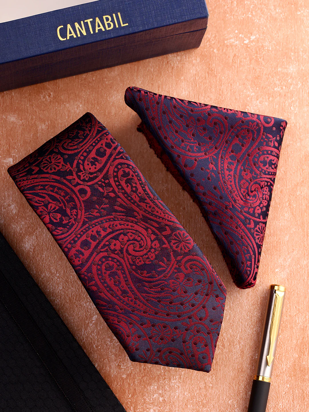 Men Maroon Printed Tie With Pocket Square - Image 2