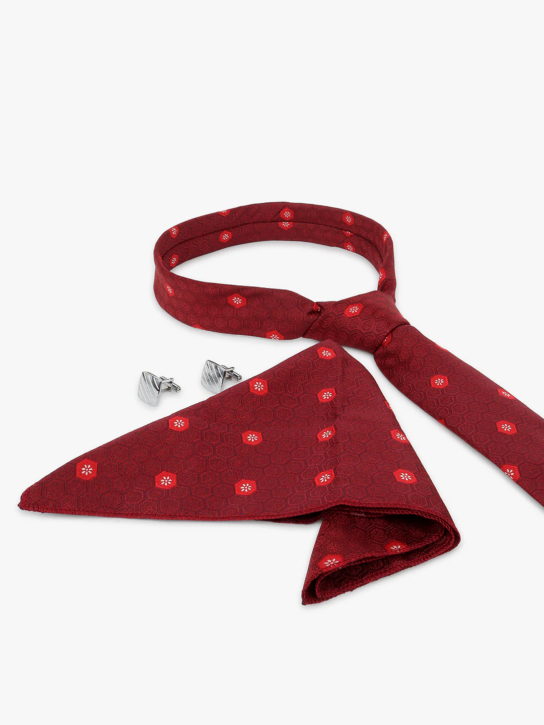 Men Maroon Printed Tie With Pocket Square and Cufflinks - Image 4