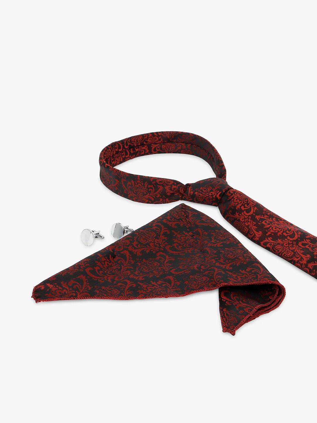 Men Maroon Printed Tie With Pocket Square and Cufflinks - Image 4
