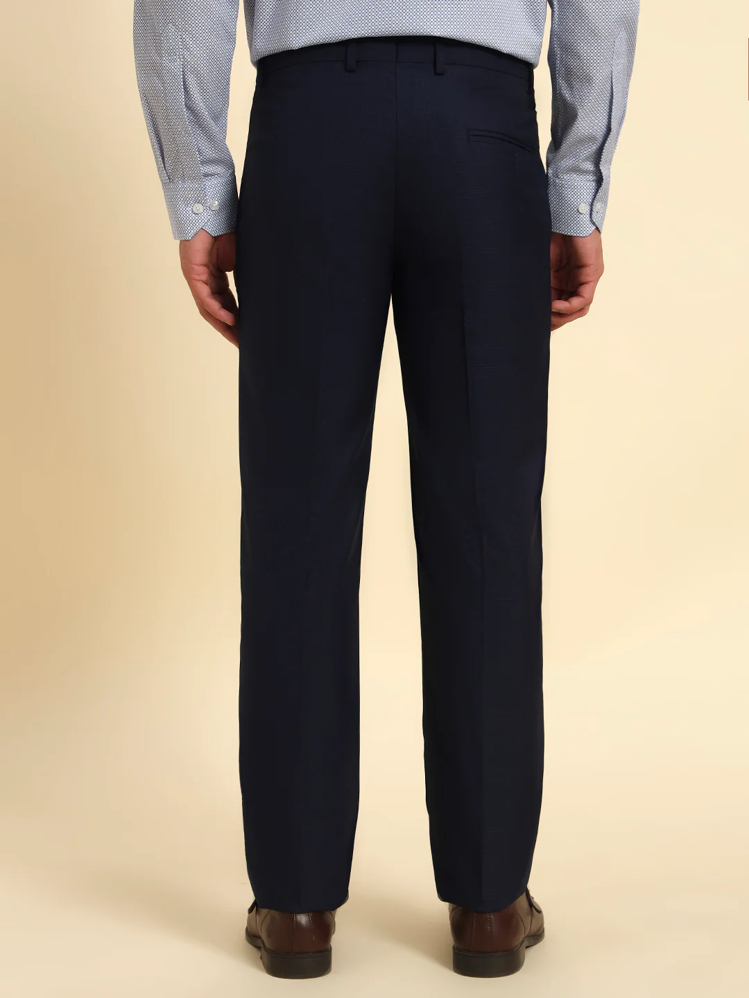 Men Navy Blue Checkered Regular Fit Formal Trouser - Image 3