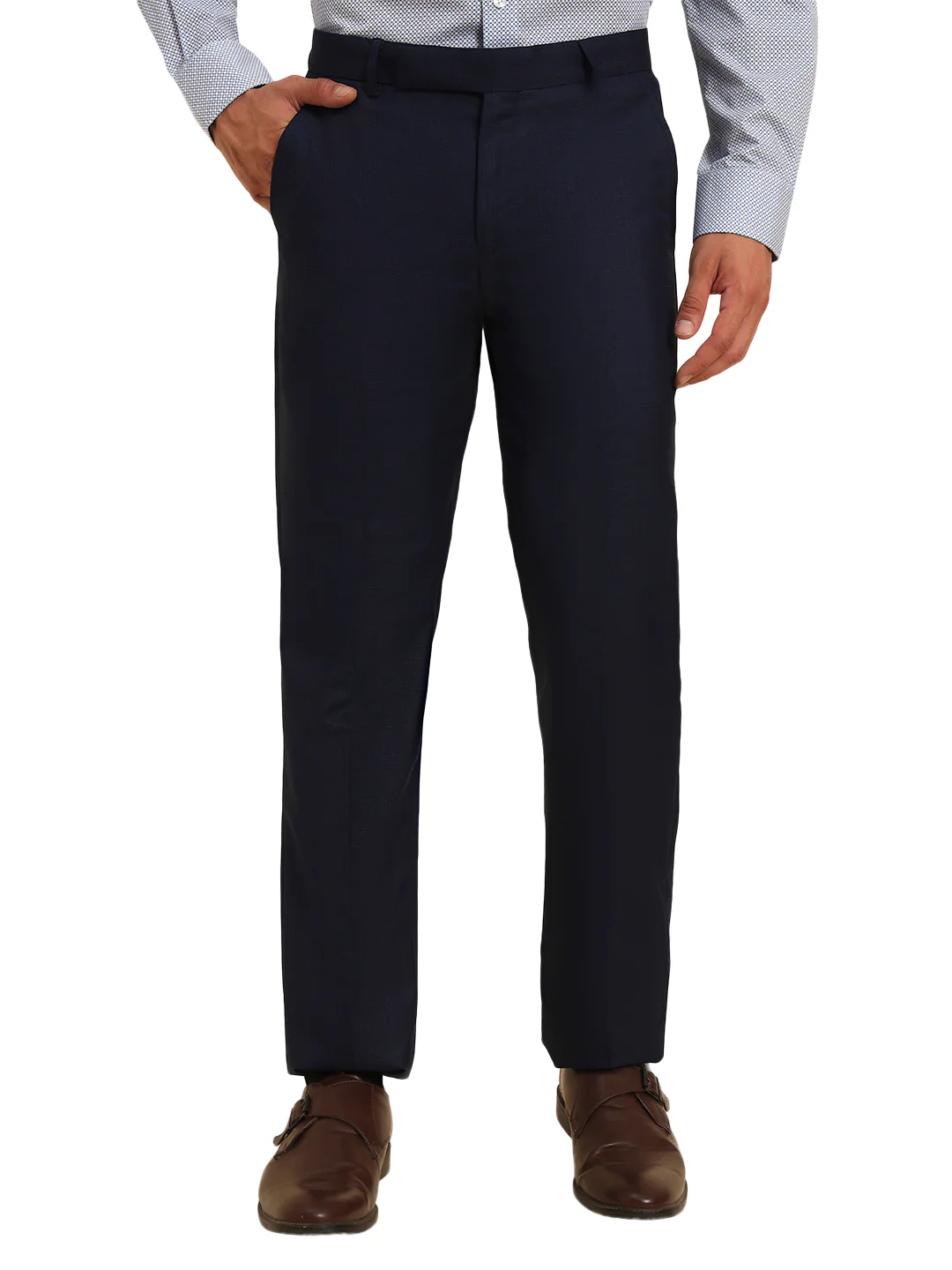 Men Navy Blue Checkered Regular Fit Formal Trouser - Image 4