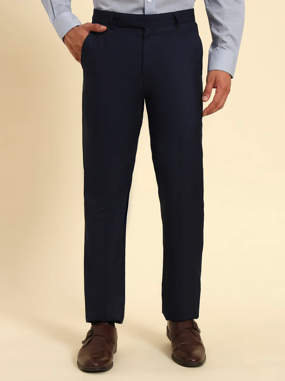 Men Navy Blue Checkered Regular Fit Formal Trouser - Image 5