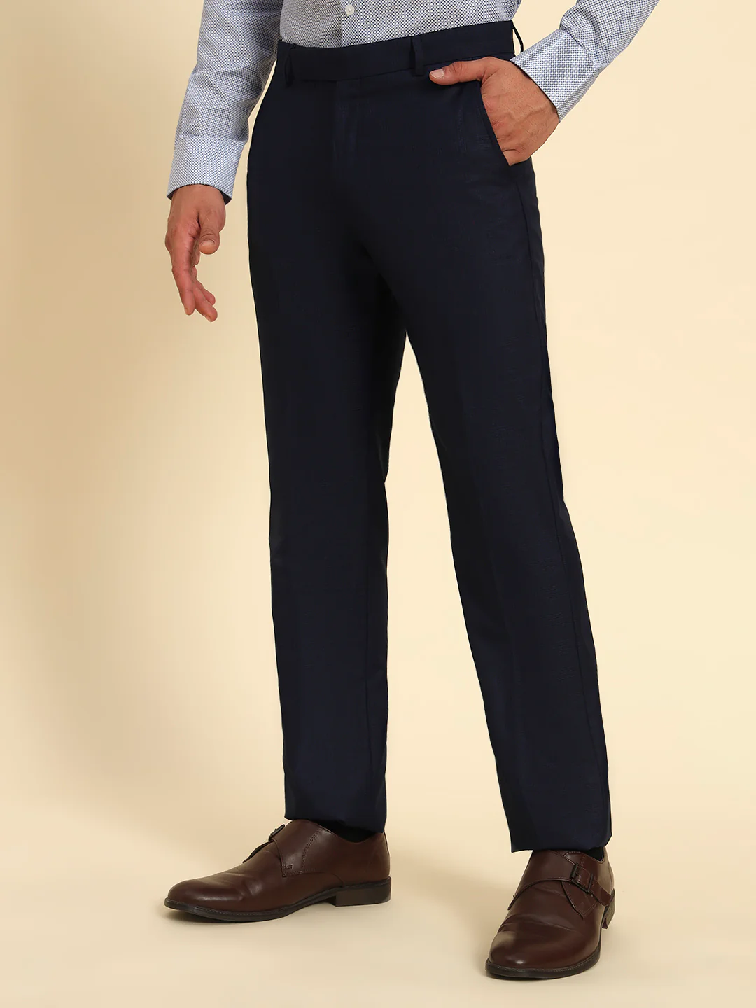 Men Navy Blue Checkered Regular Fit Formal Trouser - Image 6