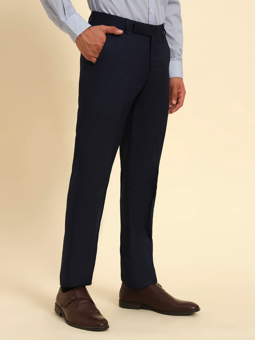 Men Navy Blue Checkered Regular Fit Formal Trouser - Image 7