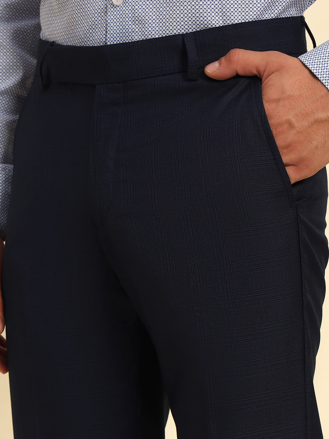 Men Navy Blue Checkered Regular Fit Formal Trouser - Image 8