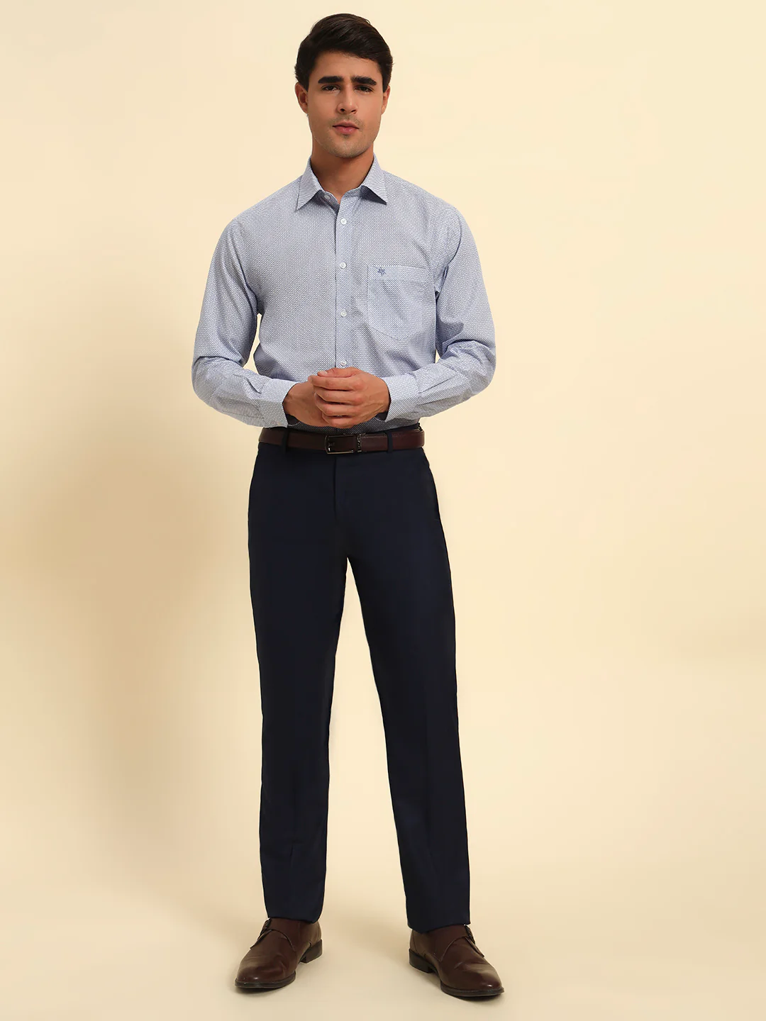 Men Navy Blue Checkered Regular Fit Formal Trouser - Image 9