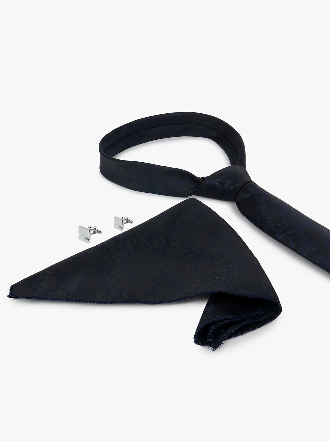 Men Navy Blue Printed Tie With Pocket Square and Cufflinks - Image 4
