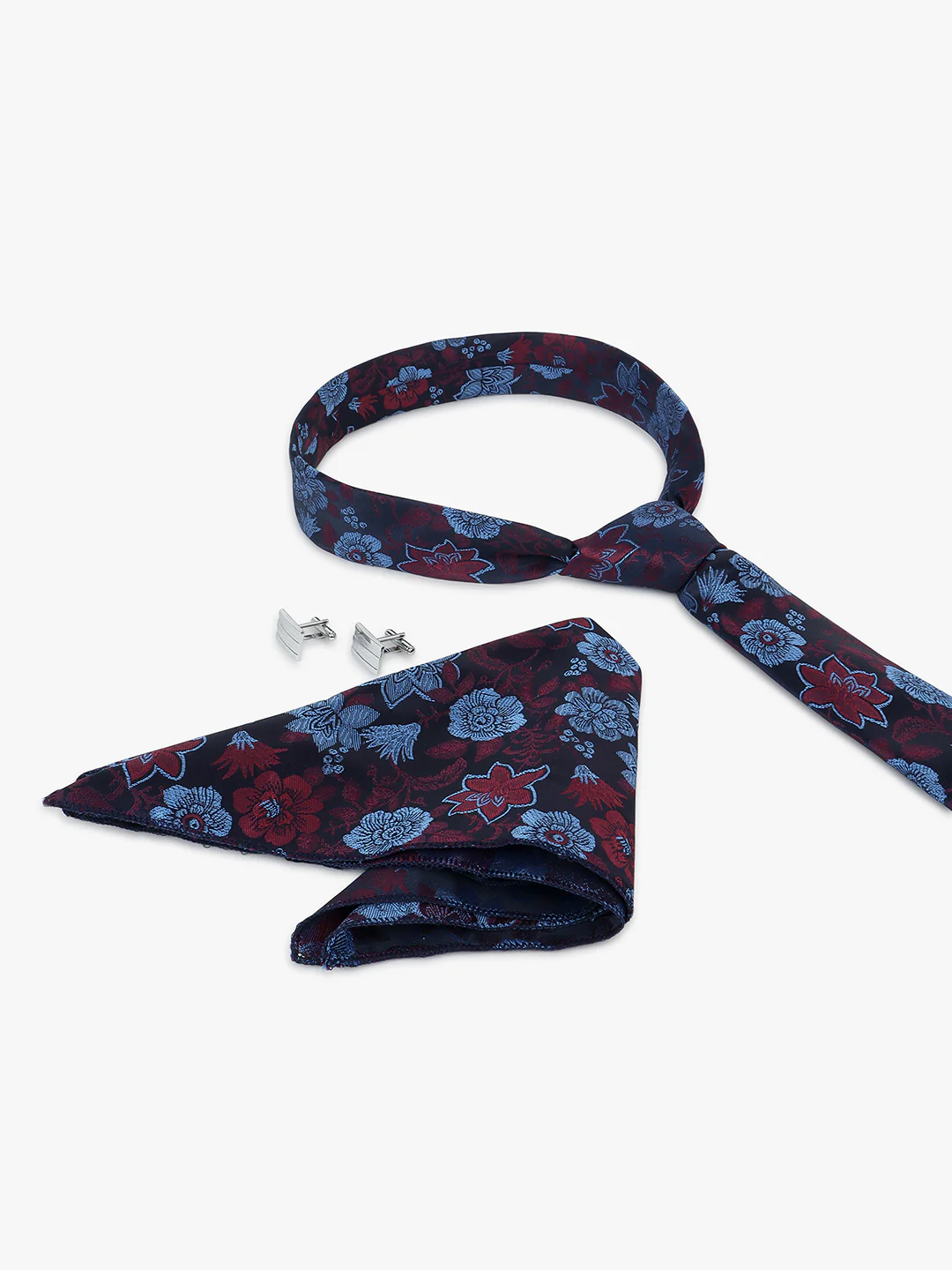 Men Navy Blue Printed Tie With Pocket Square and Cufflinks - Image 2