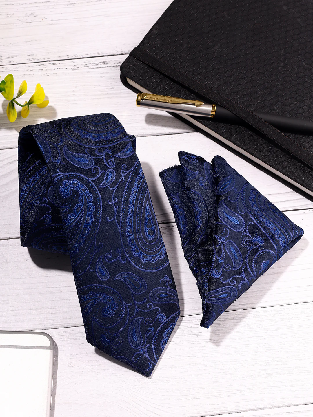 Men Navy Blue Printed Tie With Pocket Square - Image 2