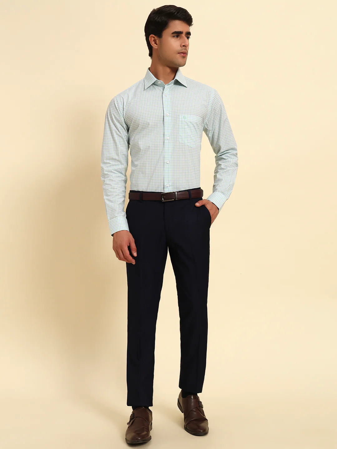 Men Navy Blue Self Design Regular Fit Formal Trouser - Image 2