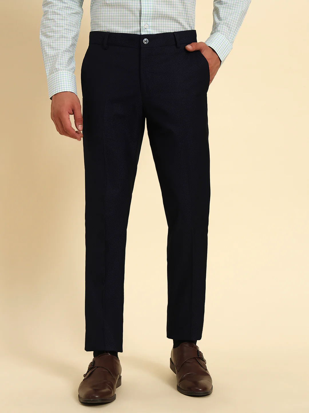 Men Navy Blue Self Design Regular Fit Formal Trouser - Image 3