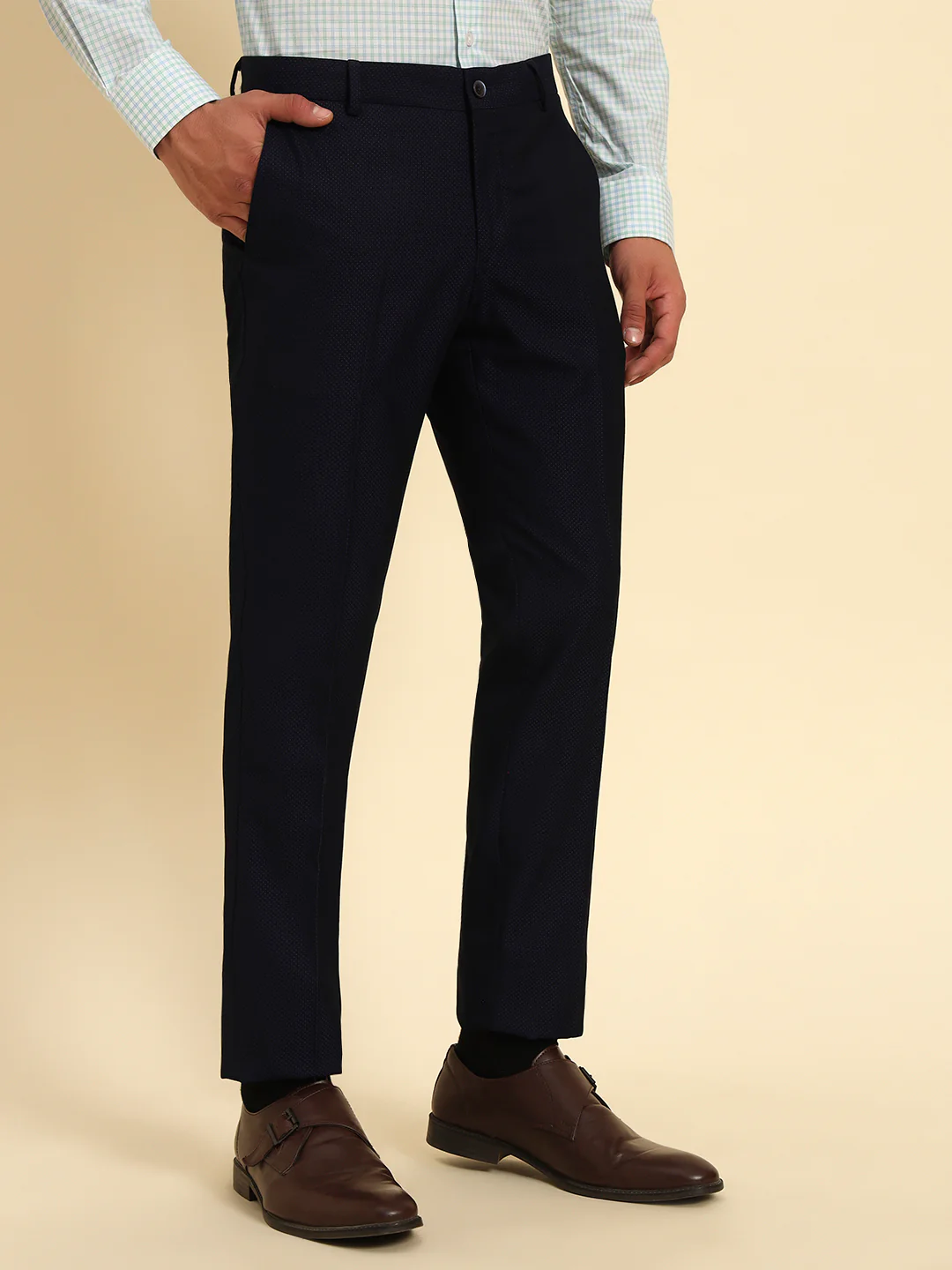 Men Navy Blue Self Design Regular Fit Formal Trouser - Image 4