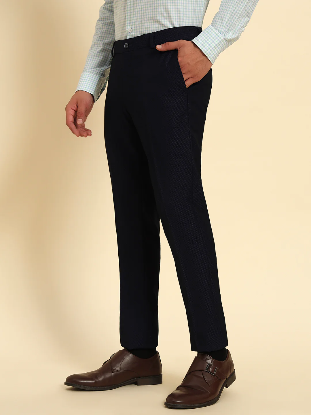 Men Navy Blue Self Design Regular Fit Formal Trouser - Image 5