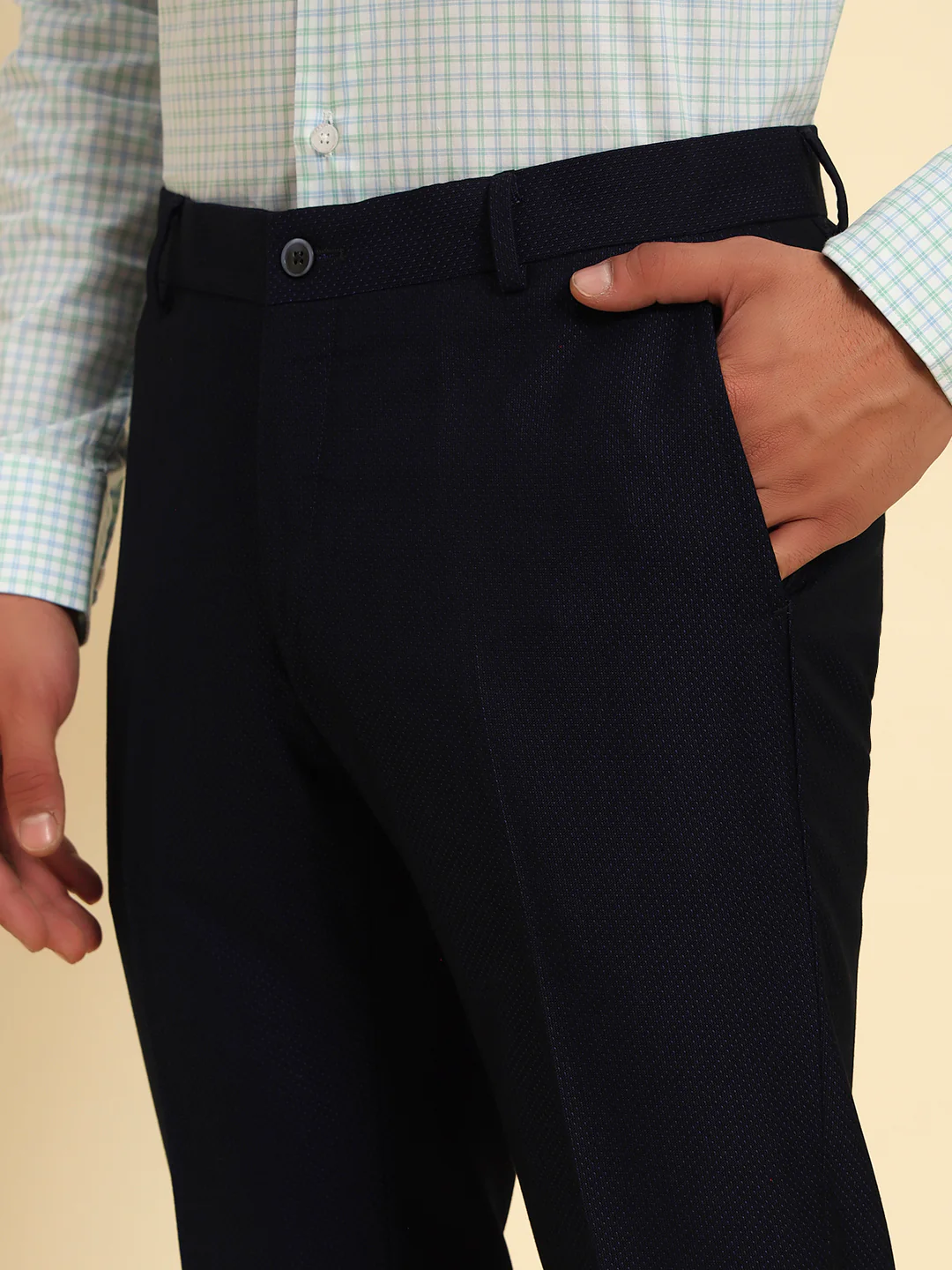 Men Navy Blue Self Design Regular Fit Formal Trouser - Image 6