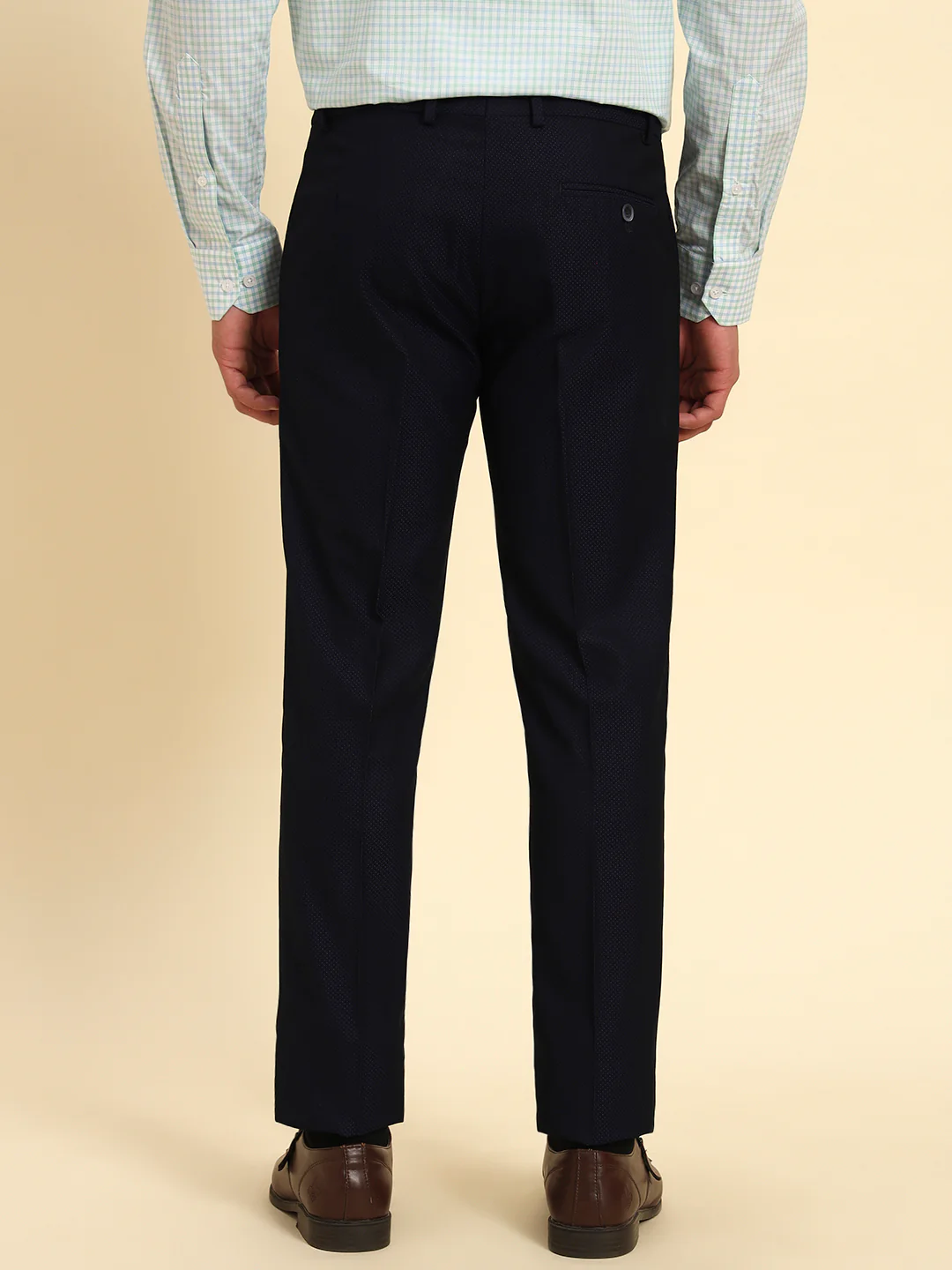 Men Navy Blue Self Design Regular Fit Formal Trouser - Image 7