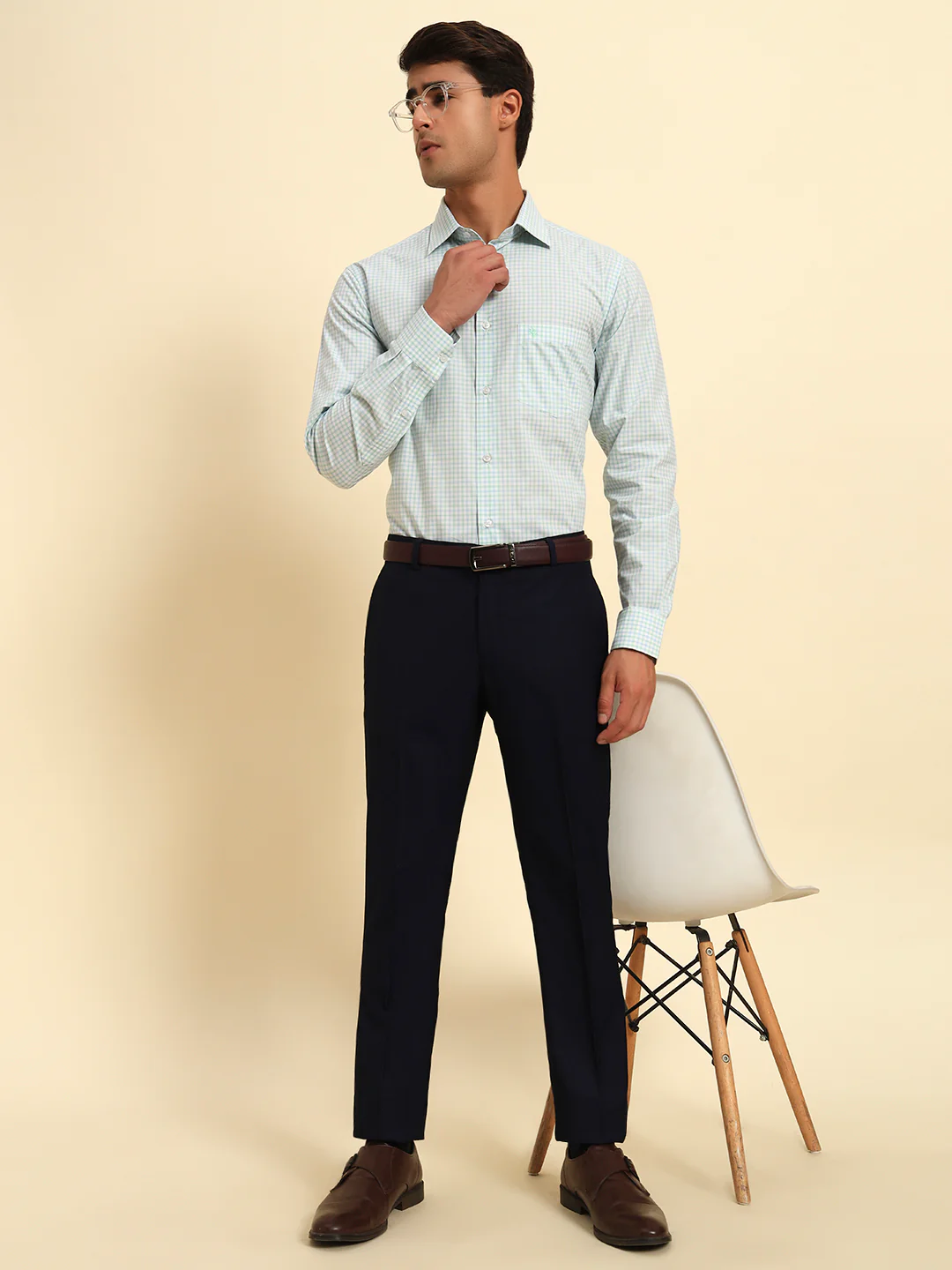 Men Navy Blue Self Design Regular Fit Formal Trouser - Image 9