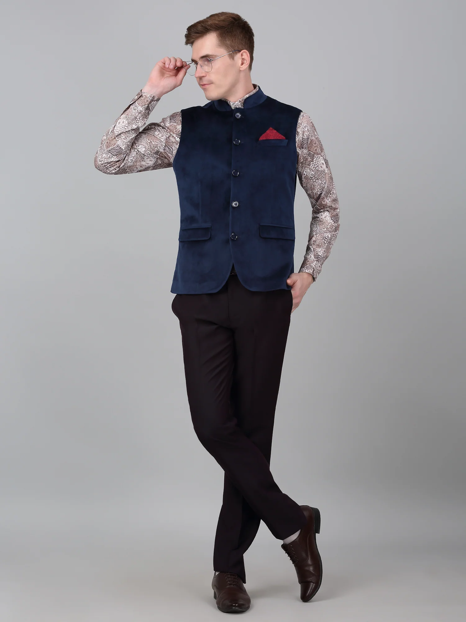 Men Navy Blue Solid Partywear Band Collar Sleeveless Waist Coat - Image 2