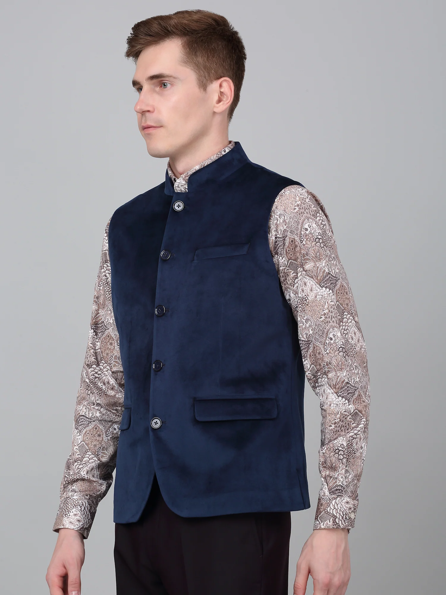 Men Navy Blue Solid Partywear Band Collar Sleeveless Waist Coat - Image 3