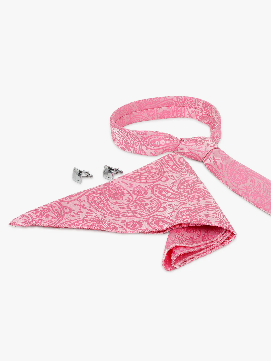 Men Pink Printed Tie With Pocket Square and Cufflinks - Image 4