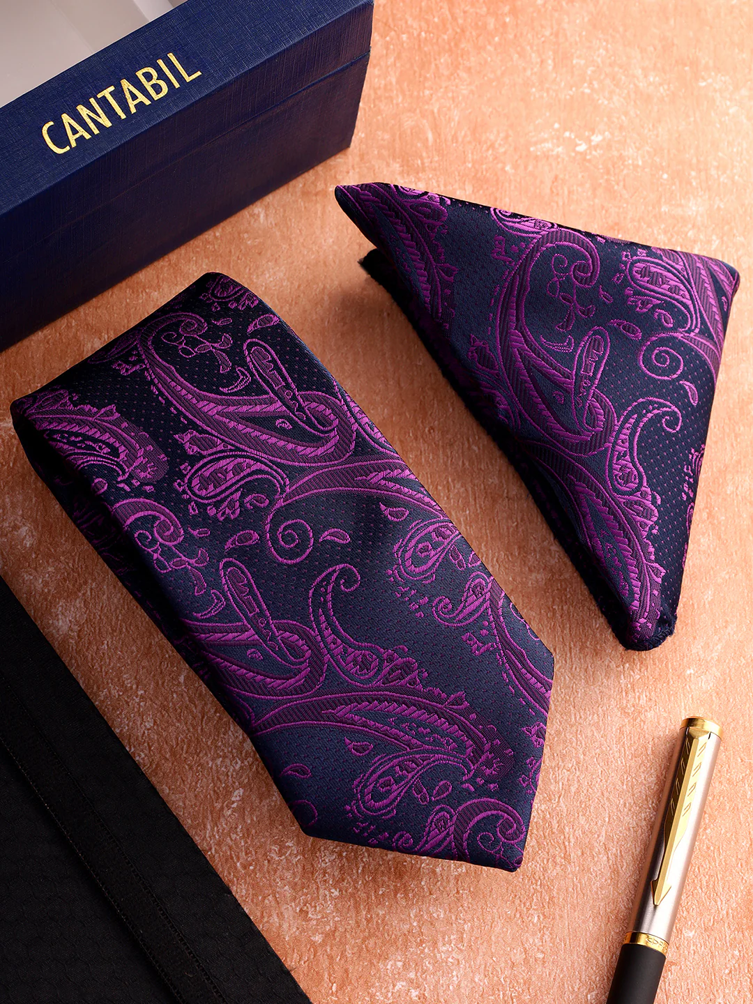 Men Purple Printed Tie With Pocket Square - Image 2