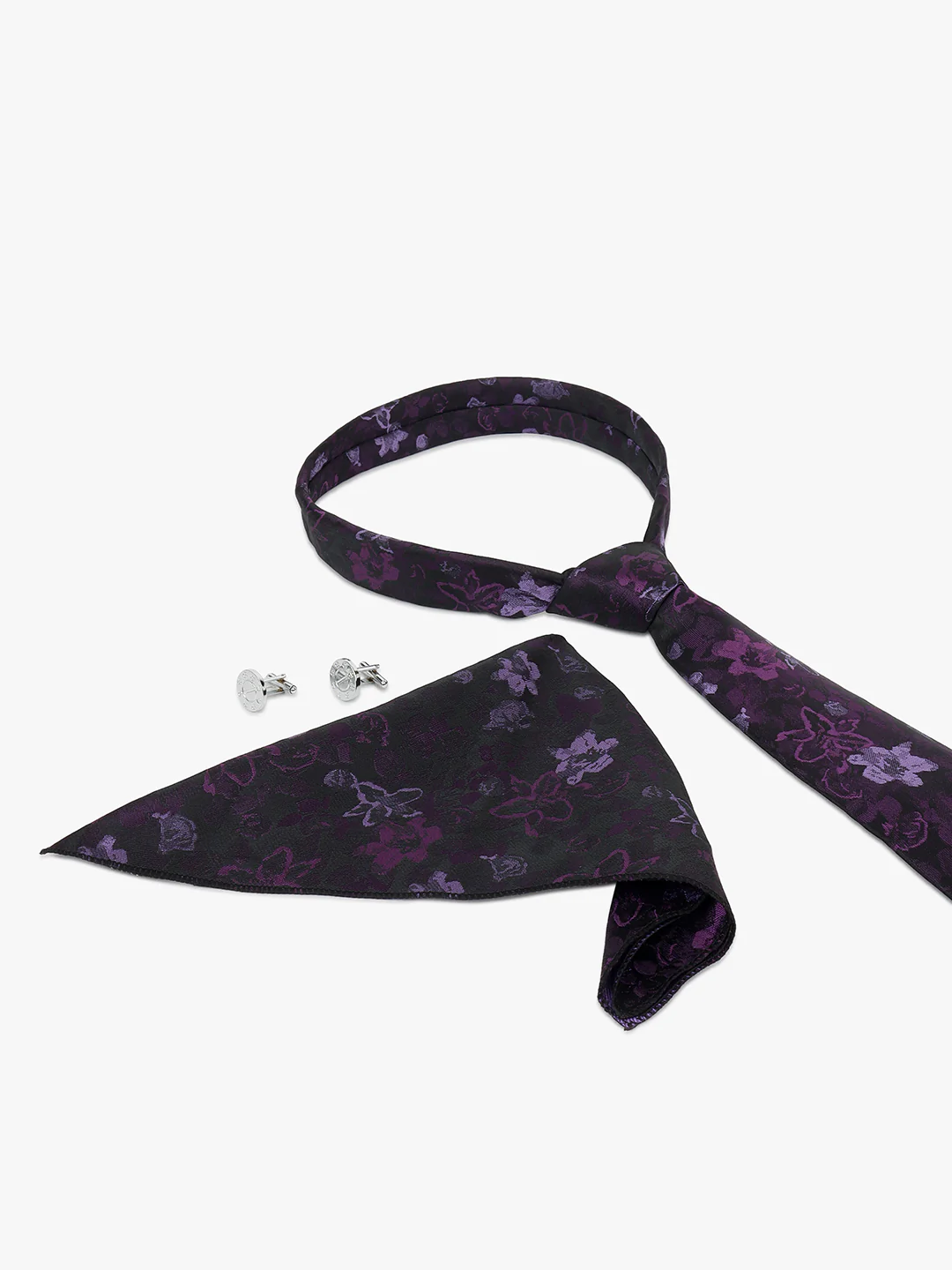 Men Purple Printed Tie With Pocket Square and Cufflinks - Image 4