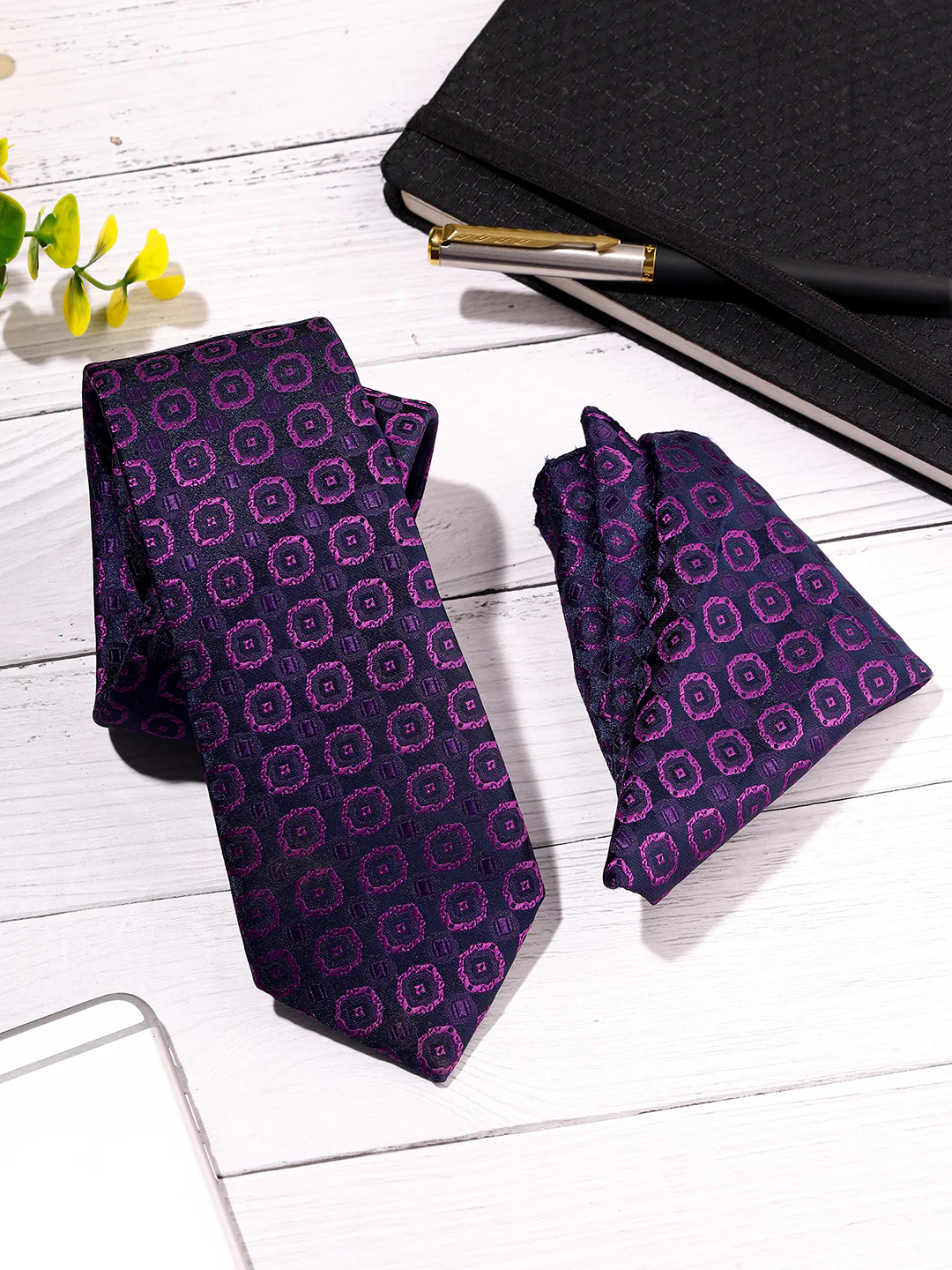 Men Purple Printed Tie With Pocket Square - Image 2