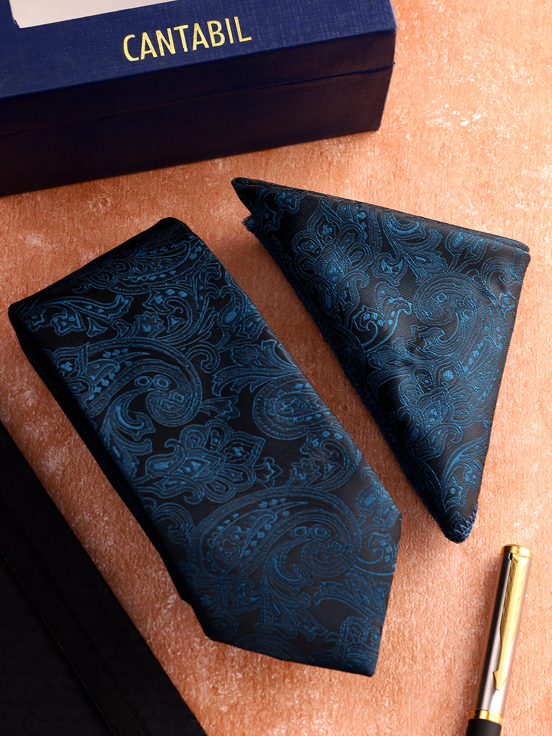 Men Teal Blue Printed Tie With Pocket Square - Image 2