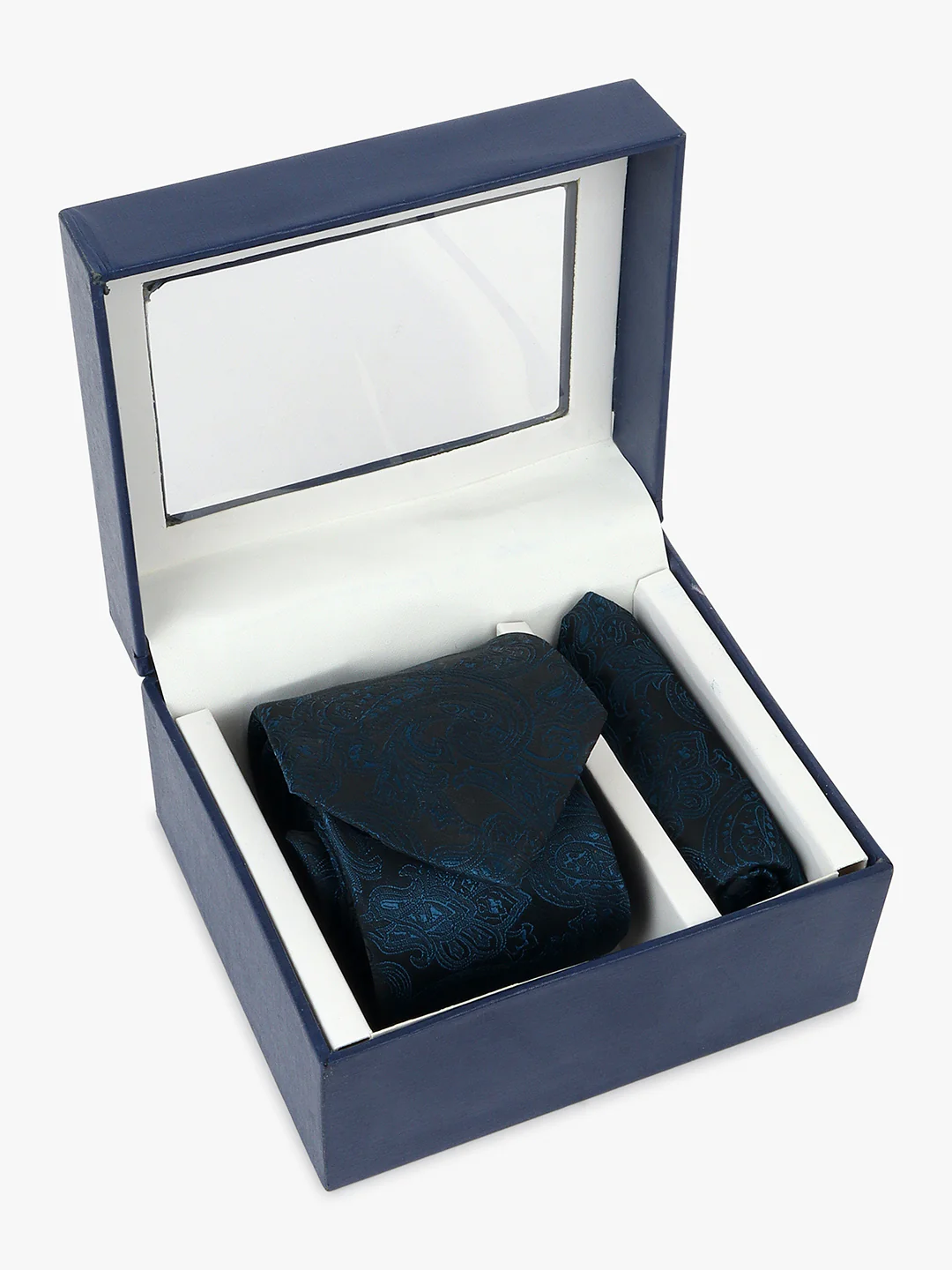 Men Teal Blue Printed Tie With Pocket Square - Image 3