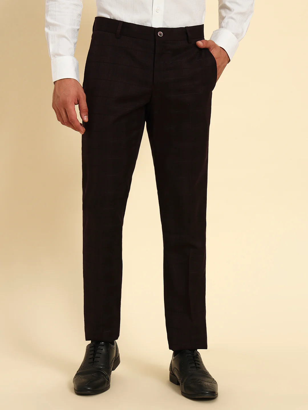 Men Wine Checkered Regular Fit Formal Trouser - Image 3