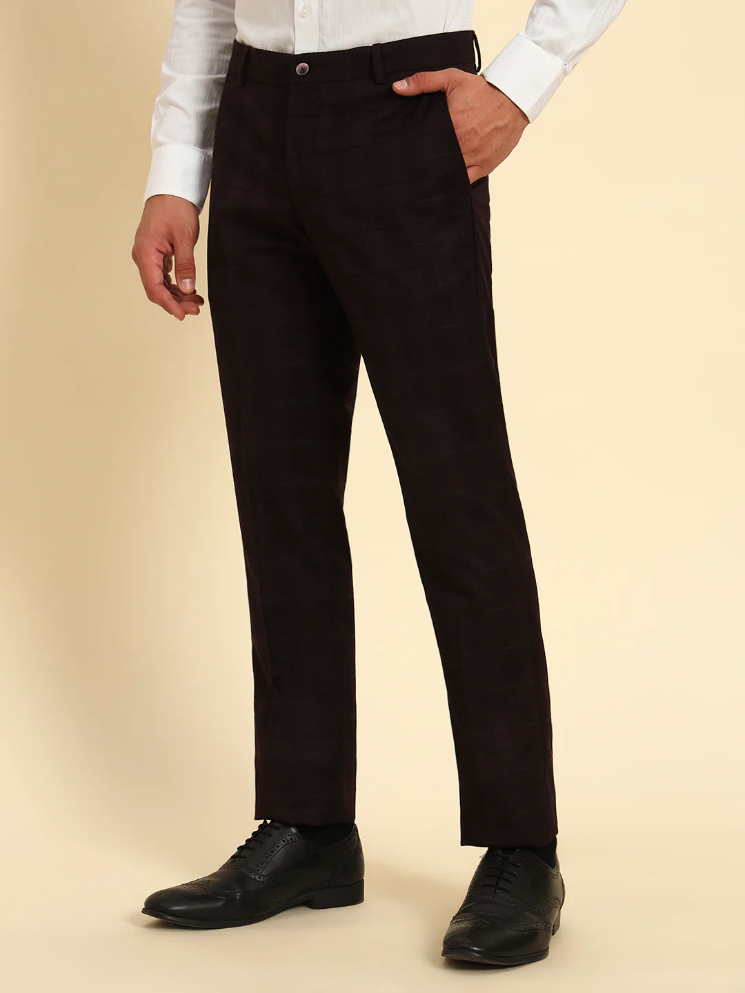 Men Wine Checkered Regular Fit Formal Trouser - Image 4