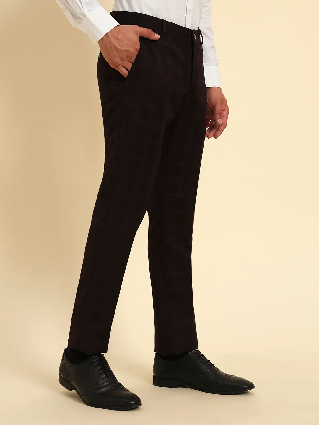 Men Wine Checkered Regular Fit Formal Trouser - Image 5