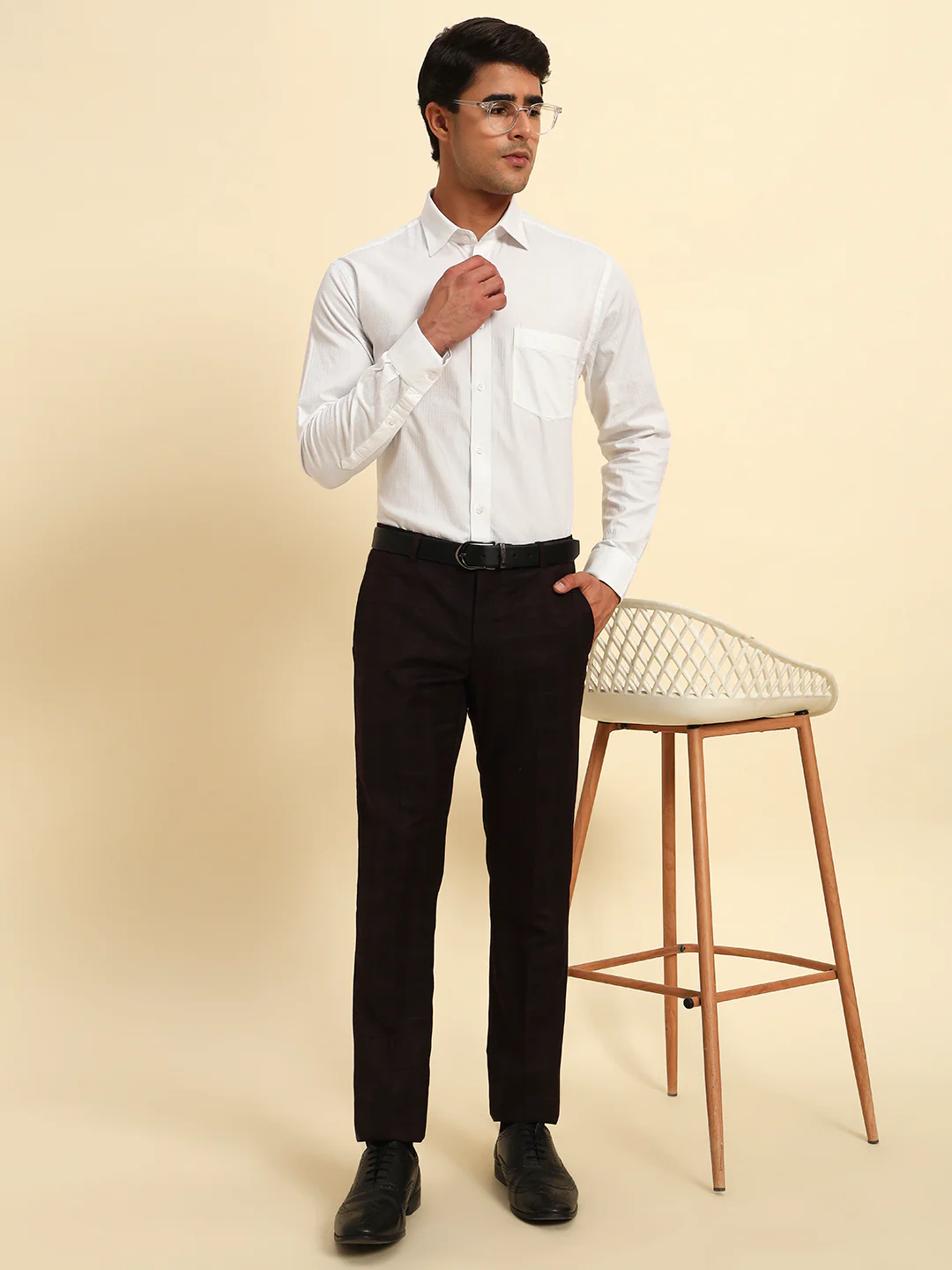 Men Wine Checkered Regular Fit Formal Trouser - Image 9