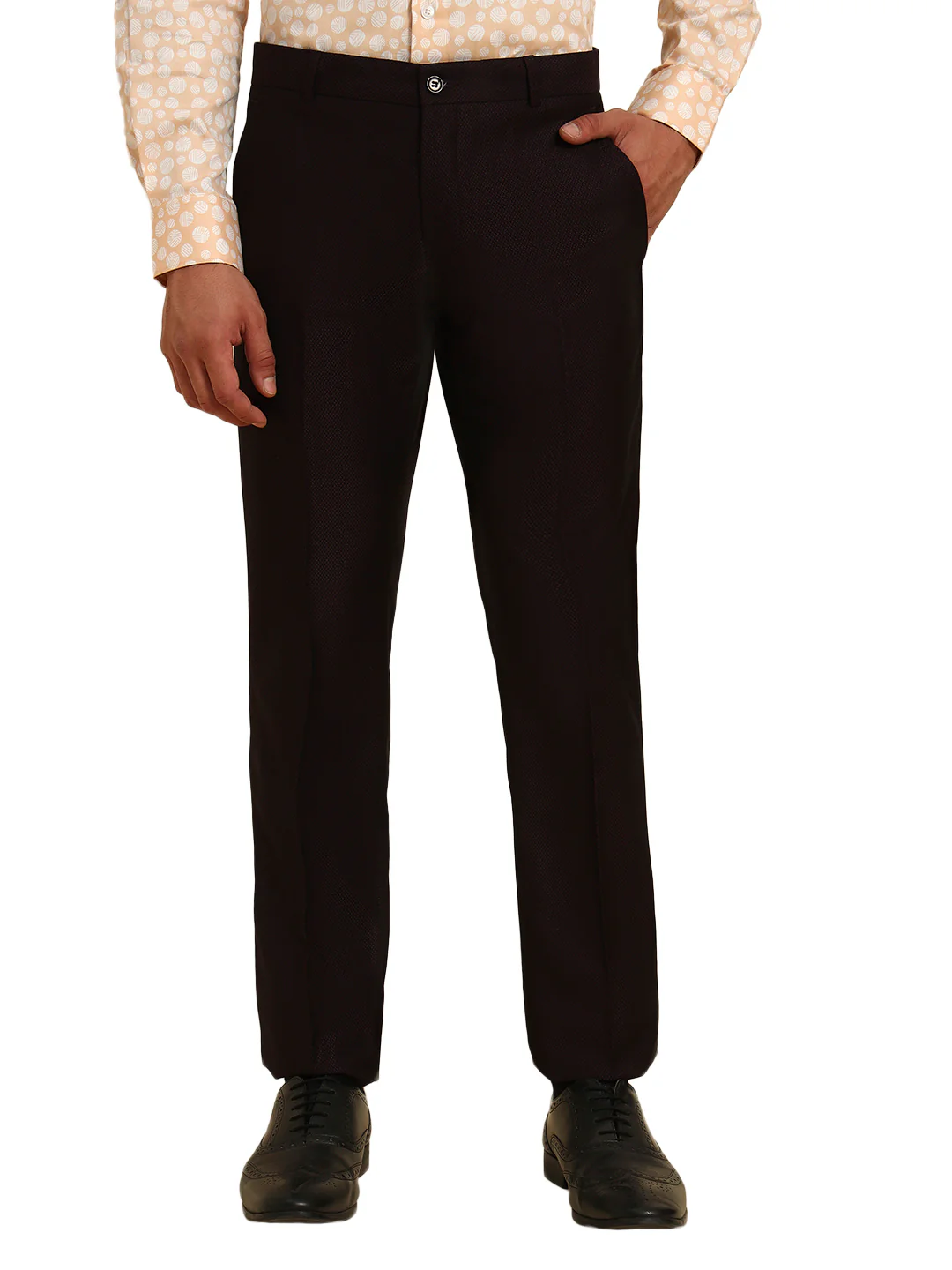 Men Wine Self Design Regular Fit Formal Trouser - Image 2