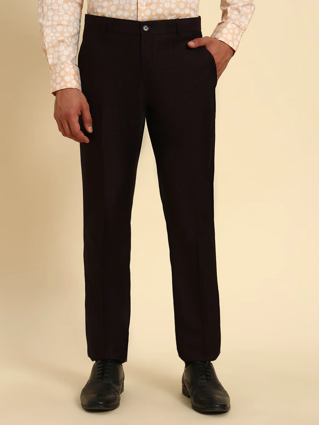Men Wine Self Design Regular Fit Formal Trouser - Image 3