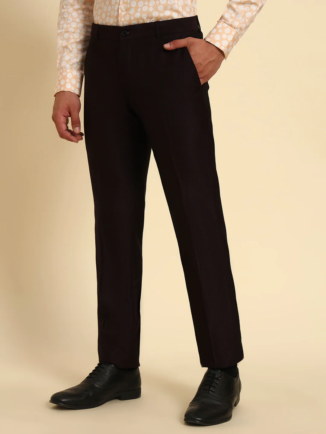 Men Wine Self Design Regular Fit Formal Trouser - Image 4