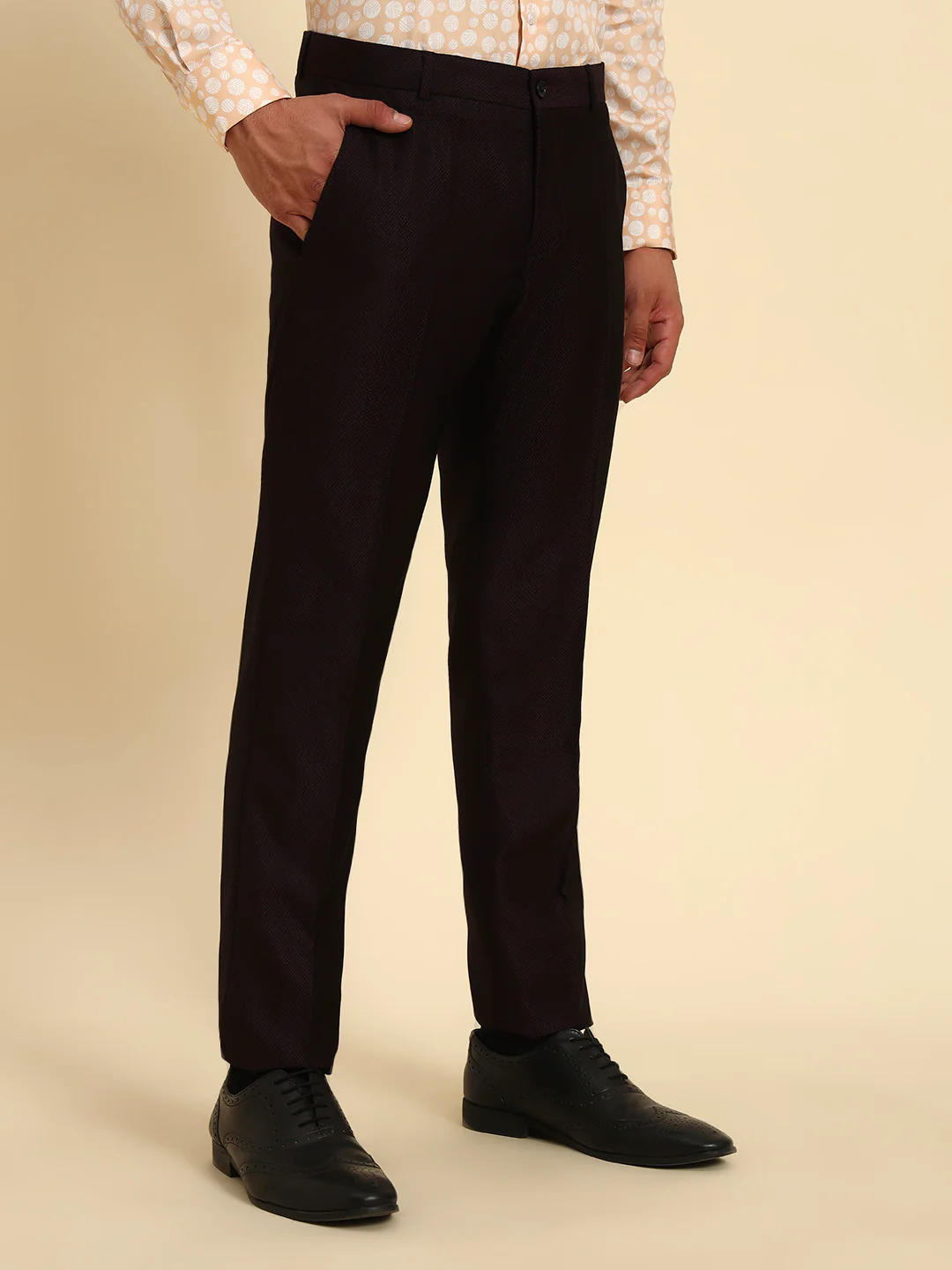 Men Wine Self Design Regular Fit Formal Trouser - Image 5