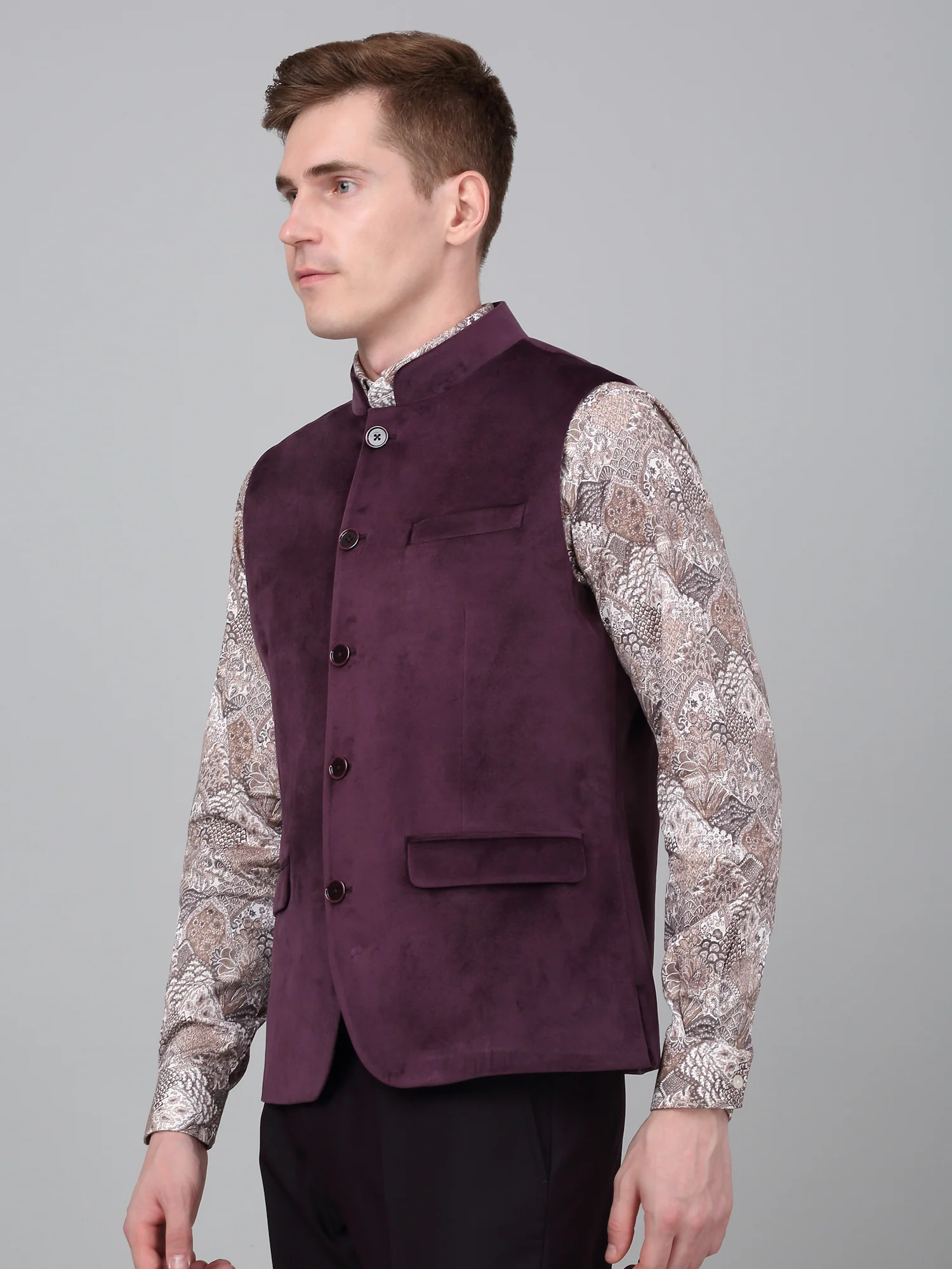 Men Wine Solid Partywear Band Collar Sleeveless Waist Coat - Image 3