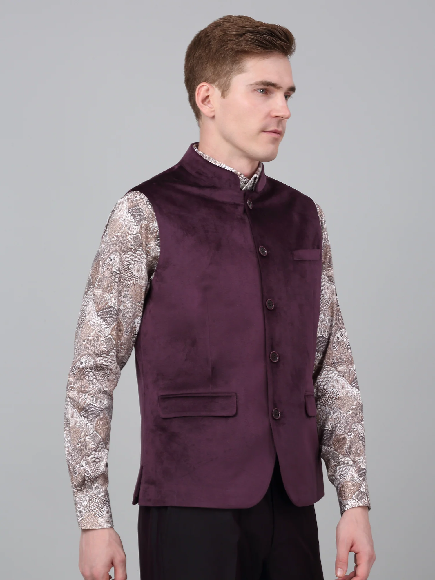 Men Wine Solid Partywear Band Collar Sleeveless Waist Coat - Image 4